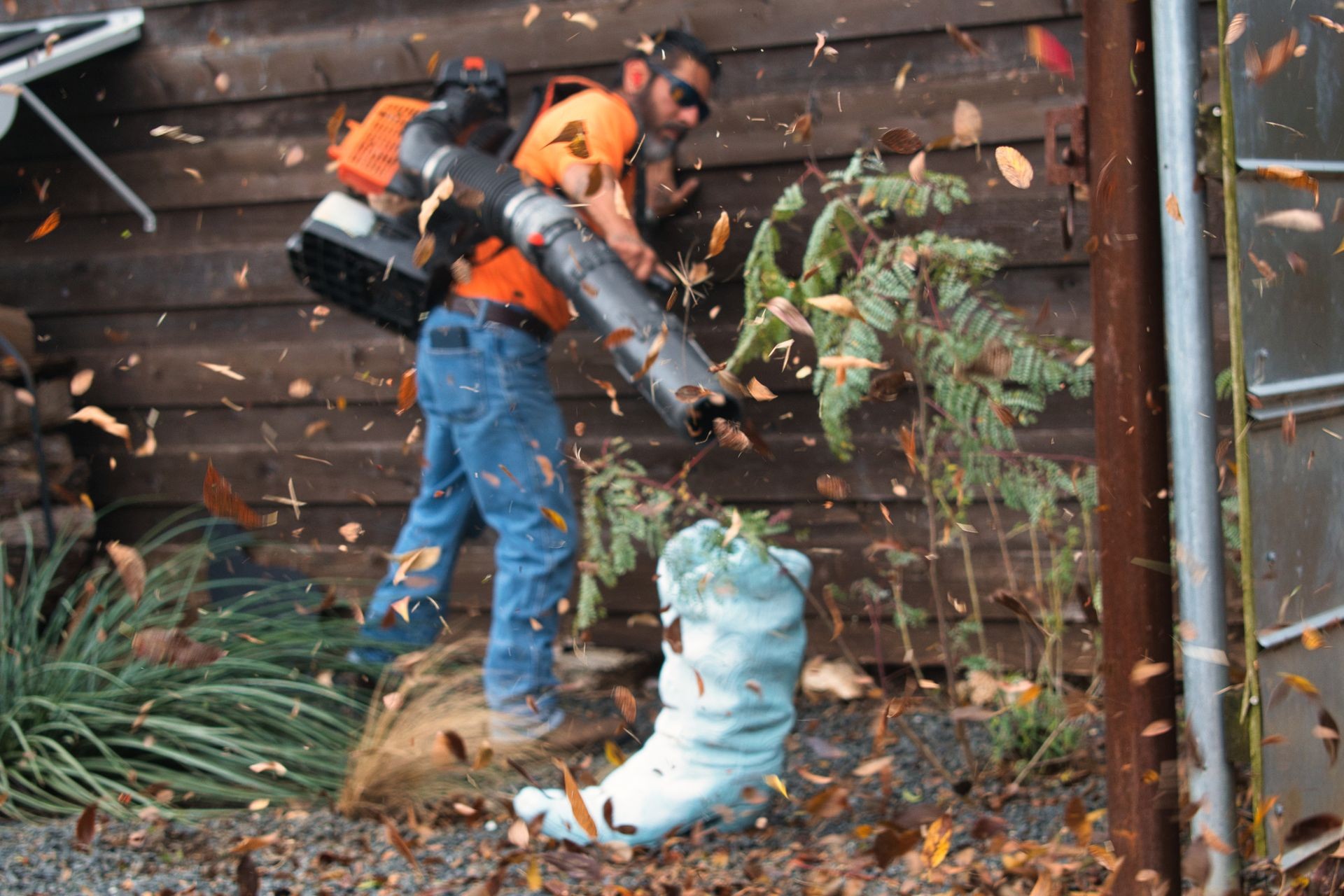Person using a leaf blower to clear leaves in a garden, with leaves swirling through the air.