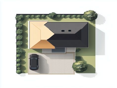 Top-down view of a modern house with a flat roof and a contrasting roof section, surrounded by a landscaped yard and a driveway with a car