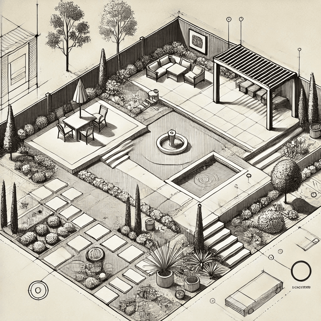 Architectural sketch of a modern garden with seating areas, fountain, and pergola.