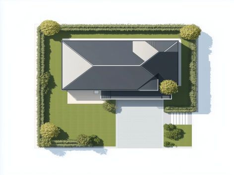 Top-down view of a modern house with a flat roof, surrounded by a landscaped yard