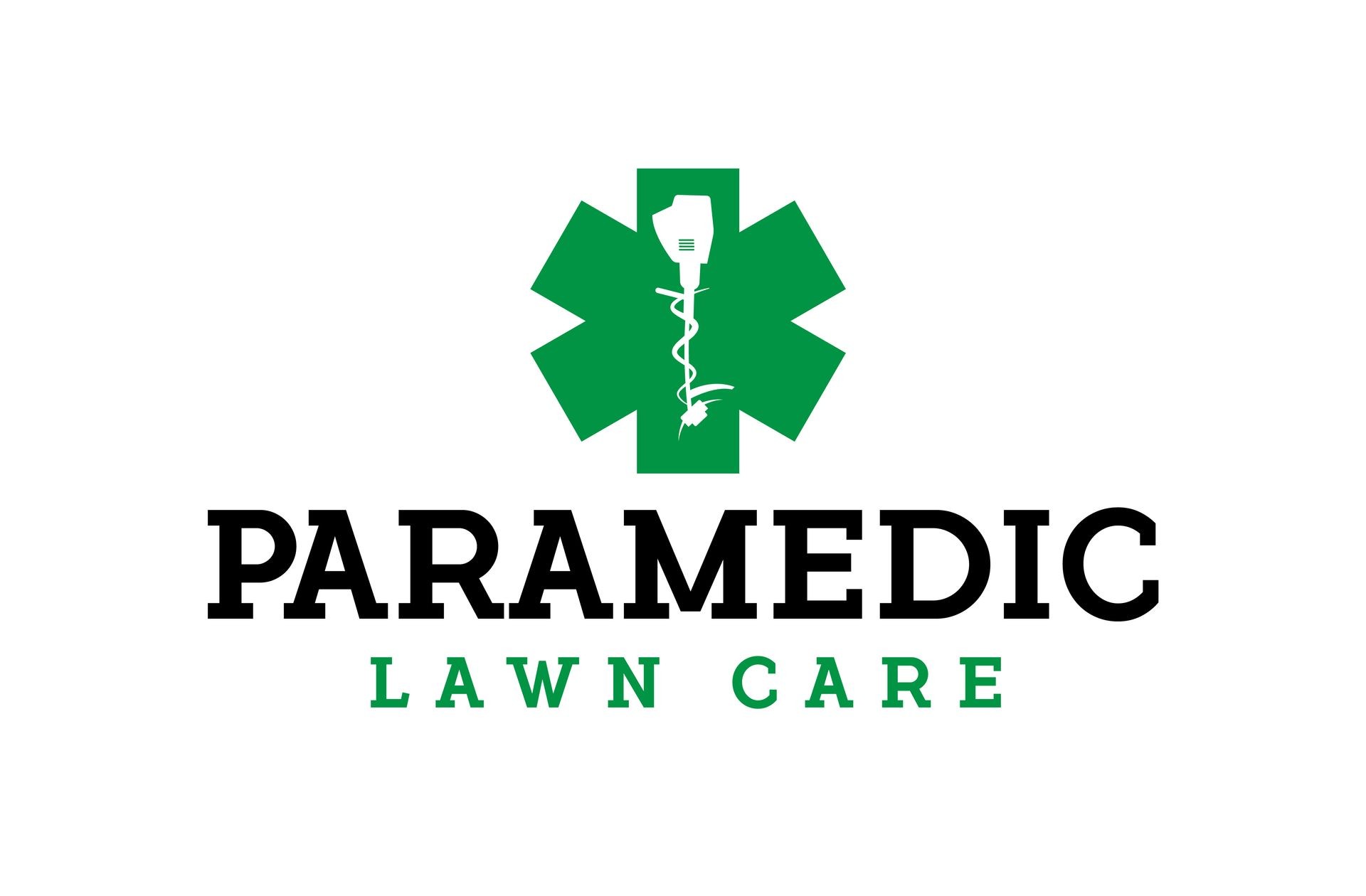 Paramedic Lawn Care logo featuring a green Star of Life symbol with a line trimmer inside