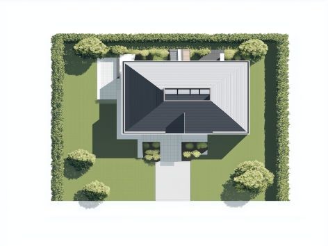 Top-down view of a modern house with a flat roof, surrounded by a landscaped yard