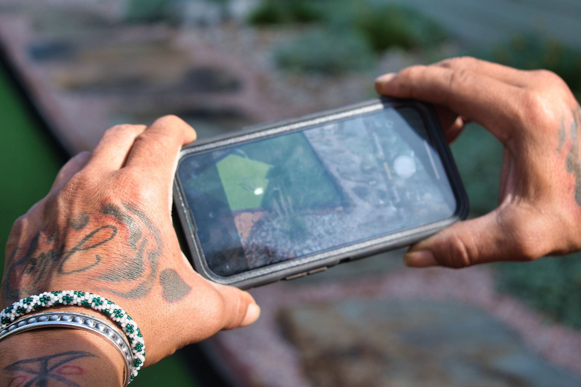 Close-up of a person's hands holding a smartphone and taking a photo of a garden