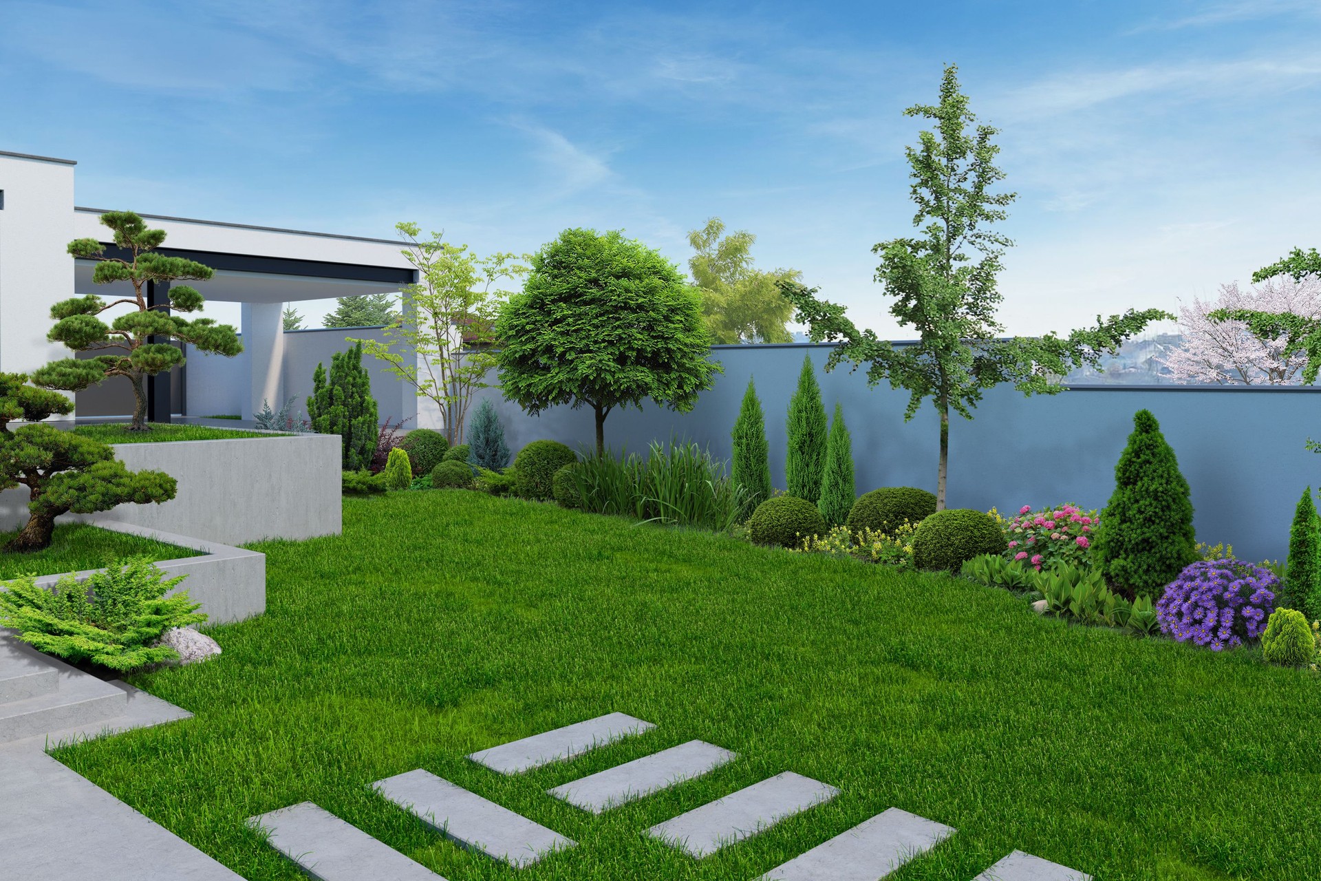 Modern backyard with oriental inspired background, 3D rendering